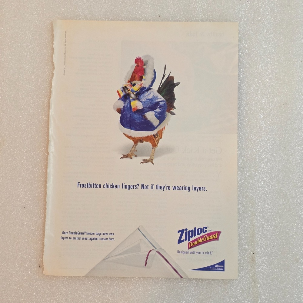 Vintage Print Ad Ziploc DoubleGuard chicken winter coat frostbitten 8x10.5 2004